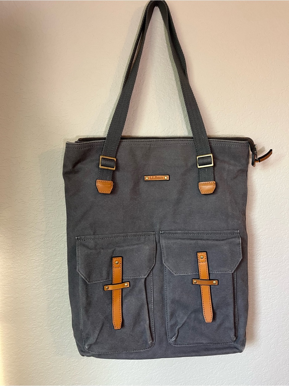 L.L.Bean Leather Trim Canvas Tote Bag Gray Zip Top Front Pockets